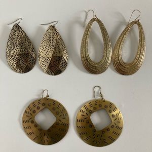 LOT of 3 Dangle Drop Gold-Tone Earrings Bohemian Style Cut-out